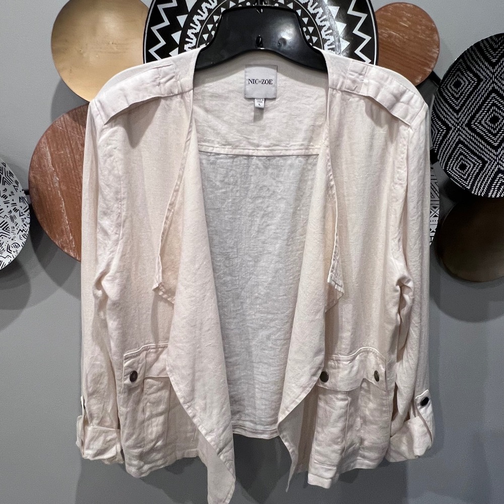NIC+ZOE Cream Organic Linen Blend Draped Open Front Utility Jacket Large